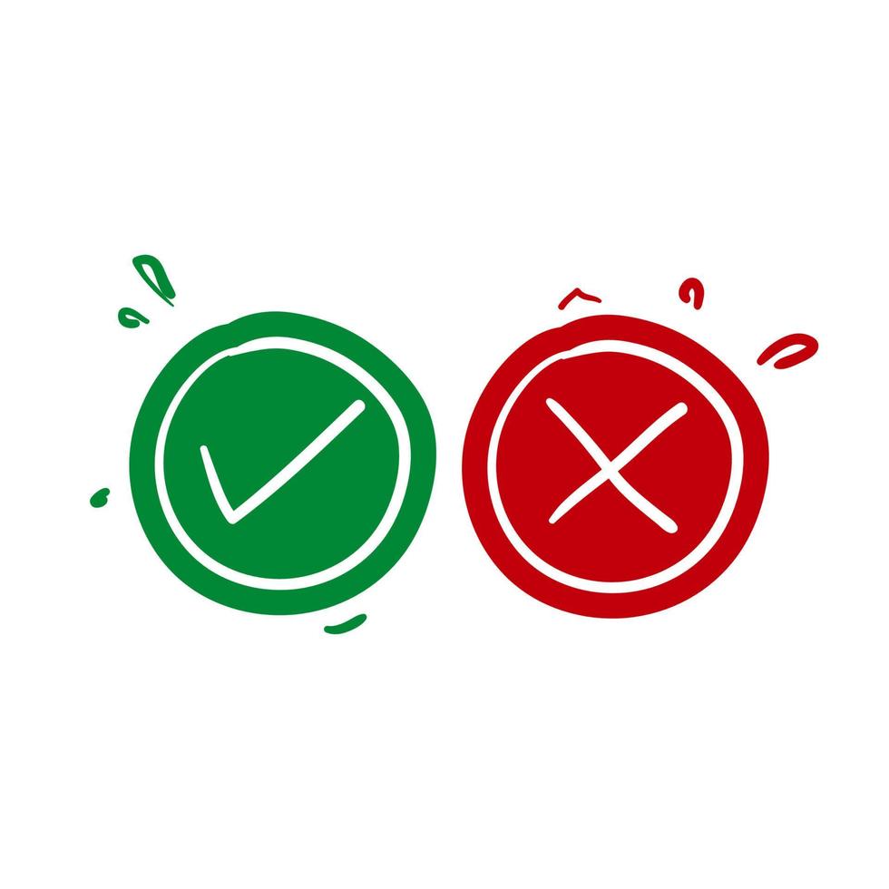 Check mark vector icons. Green tick and Red X cross. Hand drawn doodle style vector isolated on white.