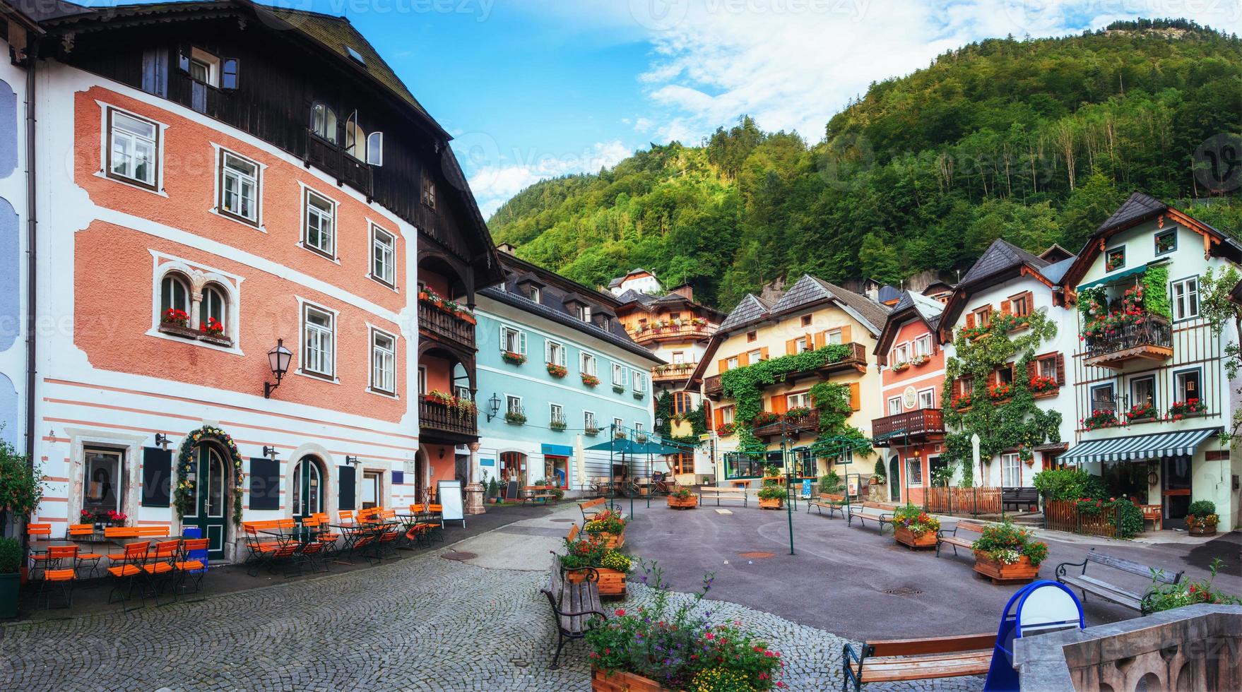 Scenic view. The historic area of the city Hallstatt with tradit photo