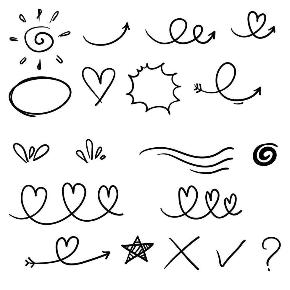 Hand drawn set elements, black on white background. Arrow, heart, love, speech bubble, star, leaf, sun,light,check marks ,crown, king, queen,Swishes, swoops, emphasis ,swirl, heart.with cartoon line vector