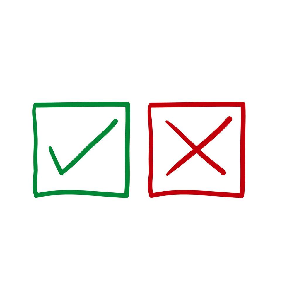 Check mark vector icons. Green tick and Red X cross. Hand drawn doodle style vector isolated on white.