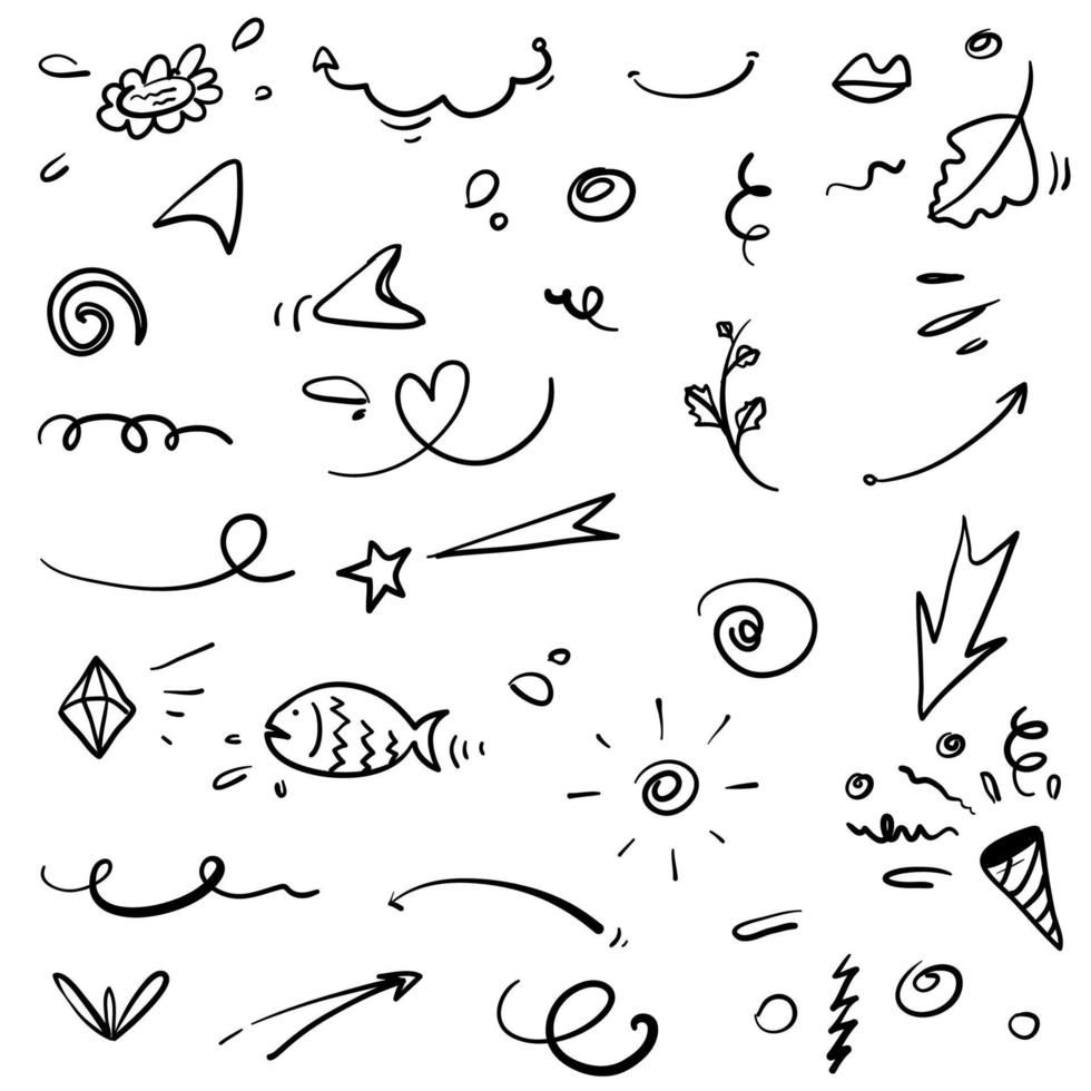 Abstract arrows, ribbons and other elements in hand drawn style for concept design. Doodle illustration. Vector template for decoration with line art style vector