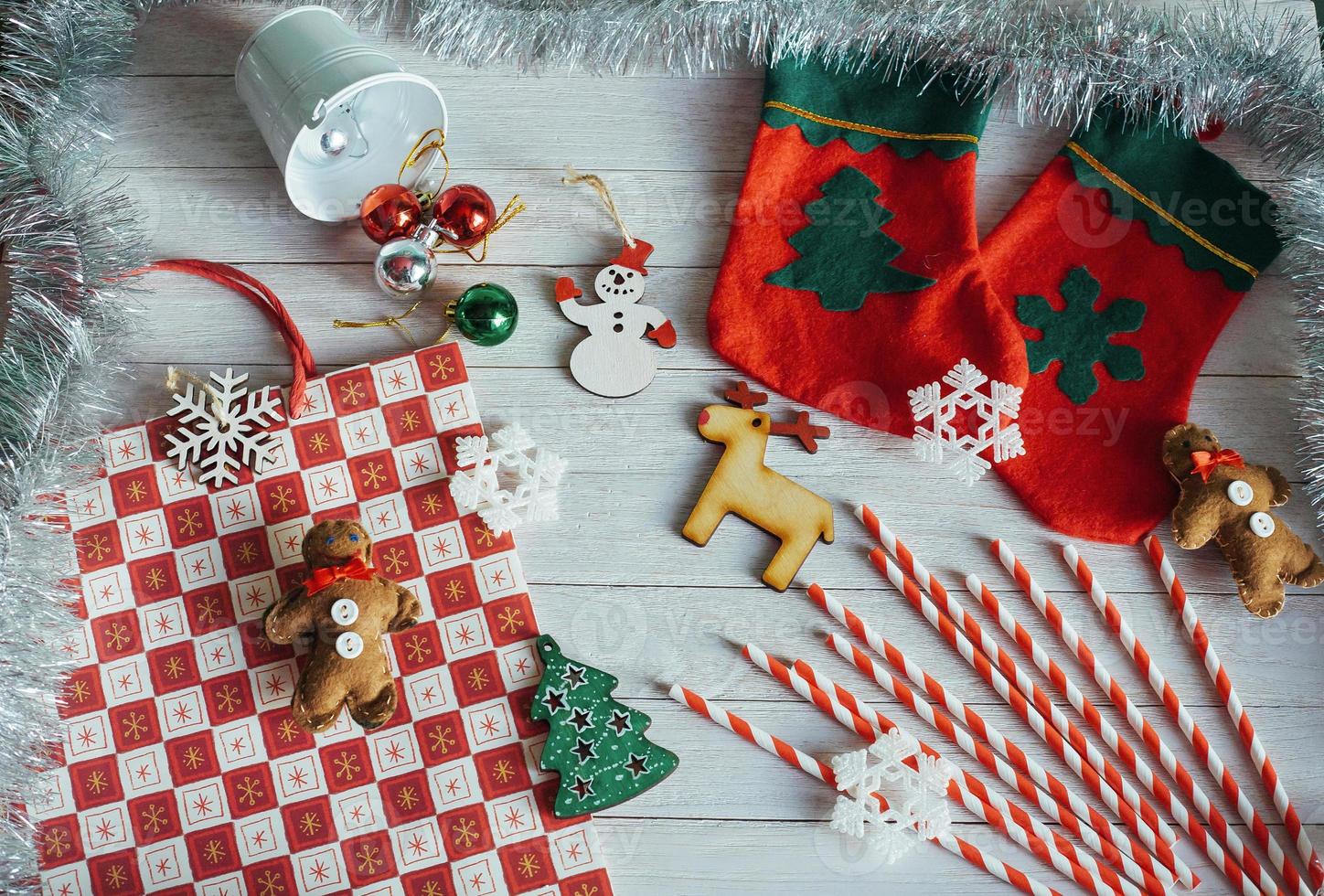 Christmas decorations and ornament on wooden background. View fr photo