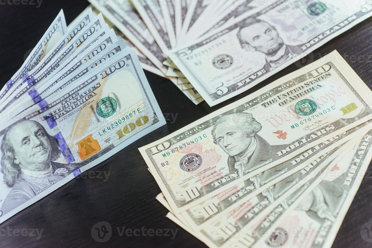 American Dollars. One Hundred Dollar Banknotes, 100, 10, 5 dolla photo