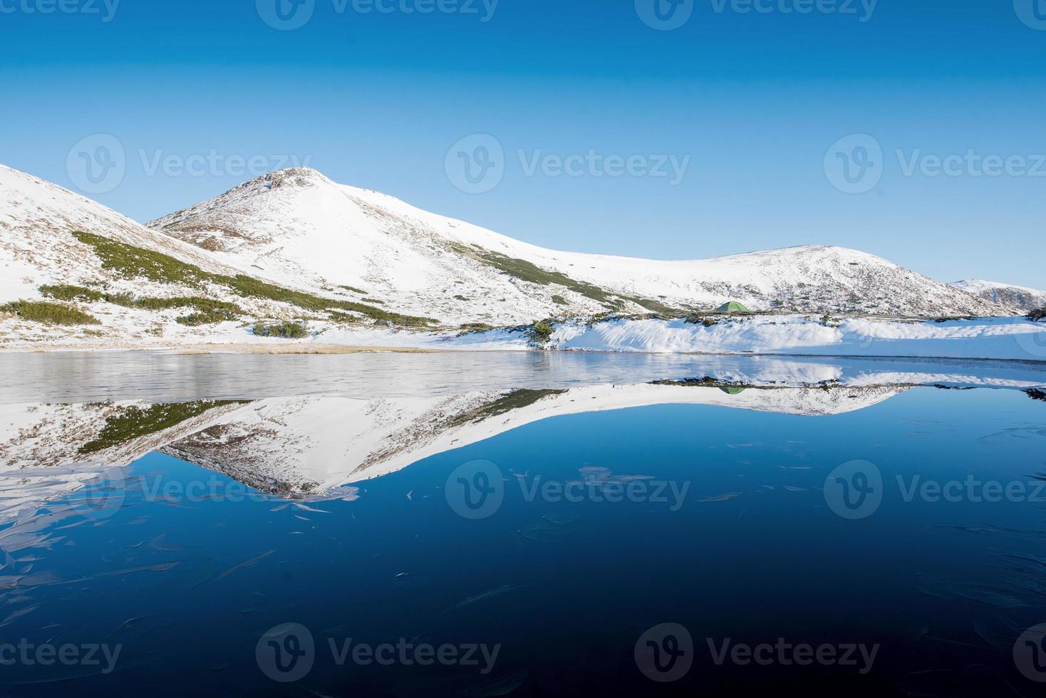 Mountain Lake. Reflection of sky in water. Spring landscape. Car photo