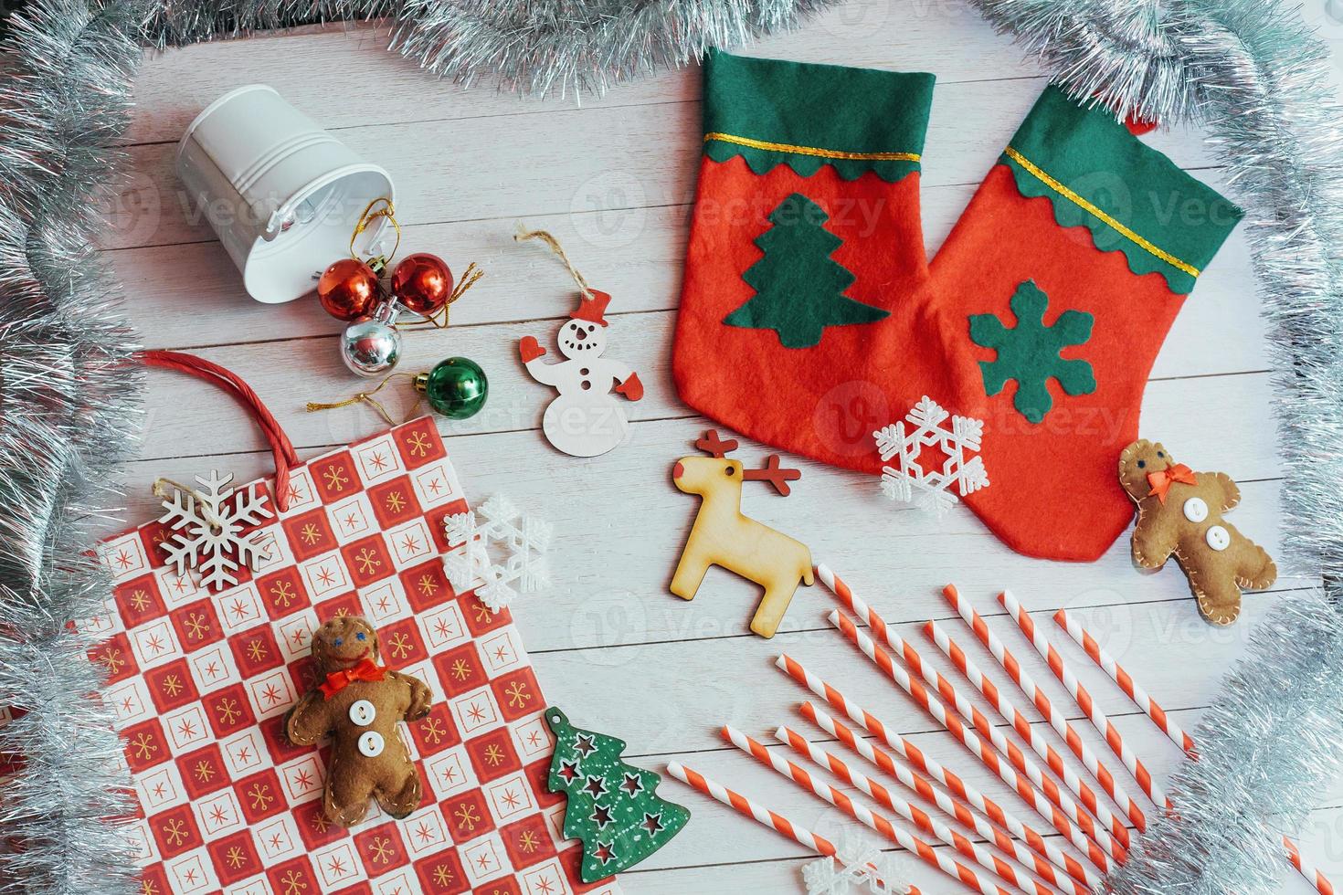 Christmas decorations and ornament on wooden background. View fr photo