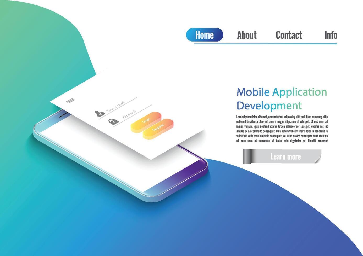 Mobile app development vector illustration. Isometric mobile phone with layout of application. User experience, user login interface. Gadget software.