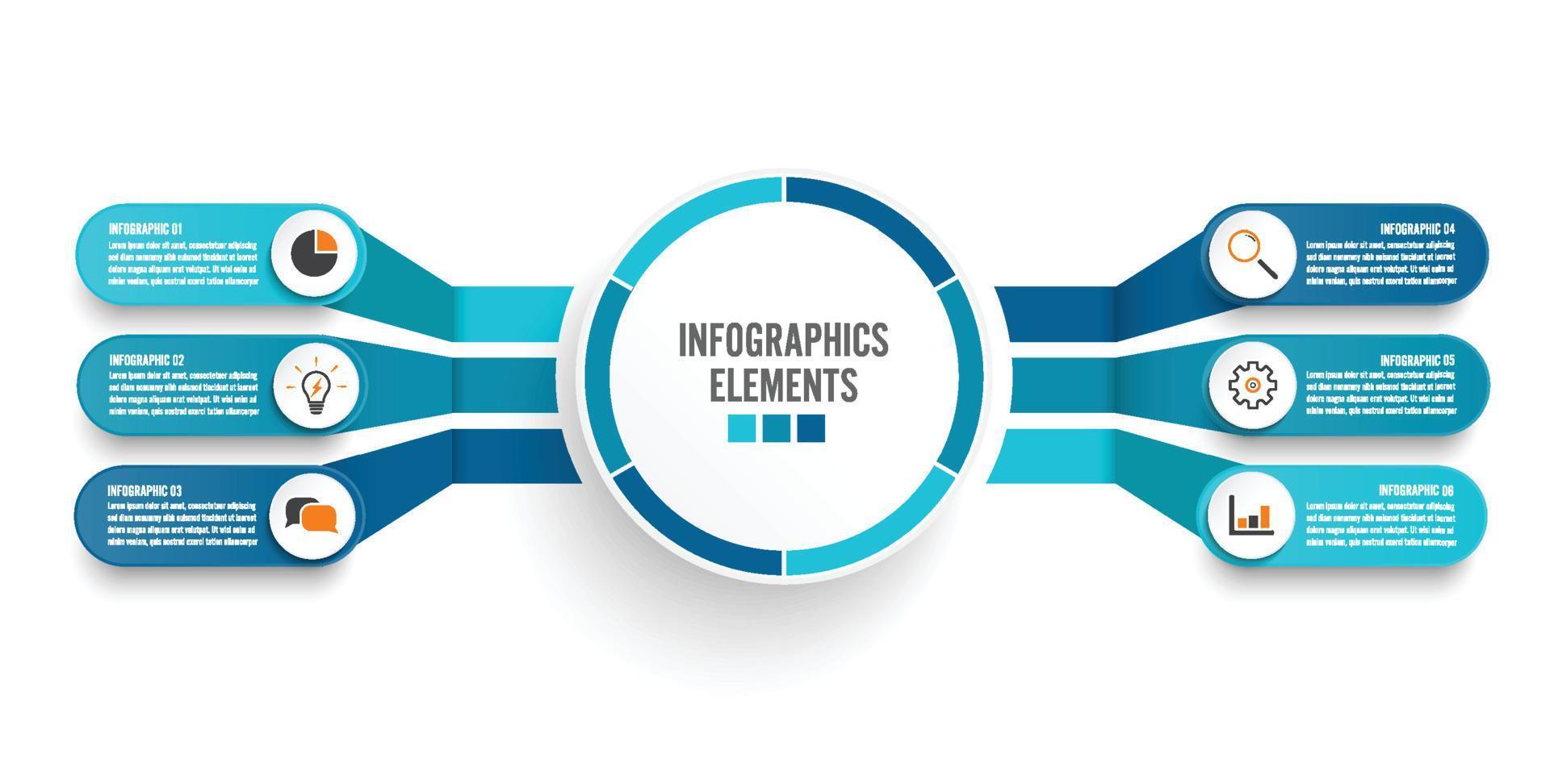 Vector infographic template with 3D paper label, integrated circles. Business concept with 6 options. For content, diagram, flowchart, steps, parts, timeline infographics, workflow, chart.