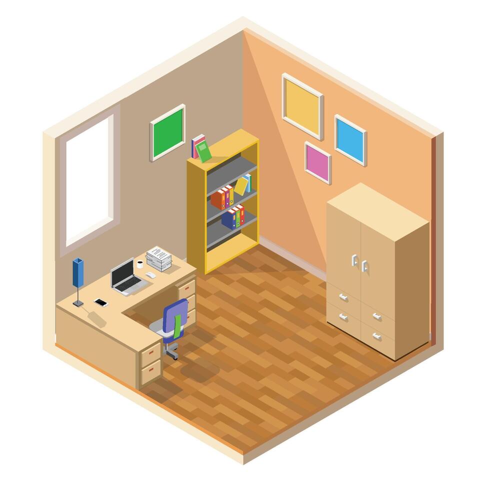 icono de corte de sala de poli baja isométrica vectorial. la habitación incluye muebles - mesa de trabajo con computadora portátil vector