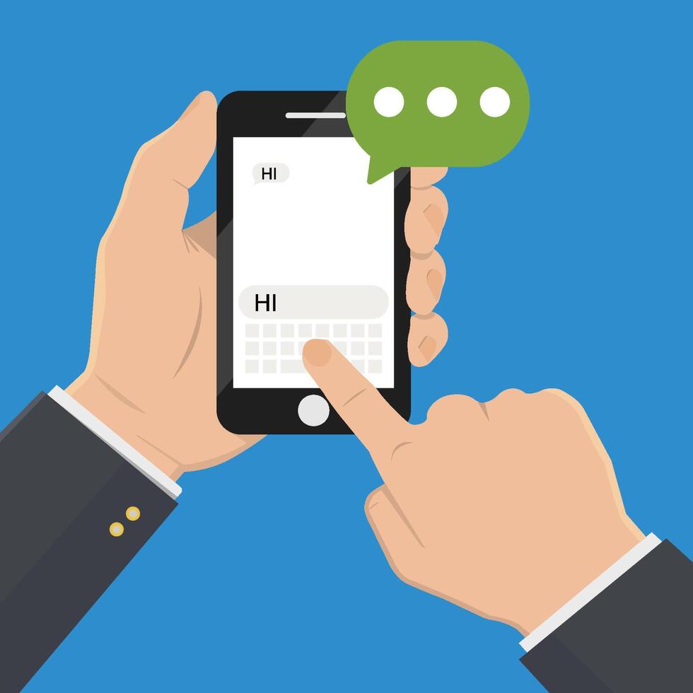 Chat message on the smartphone screen. Hand holds the smartphone, finger touches screen. The modern instant messaging concept for a web banner. Creative flat design vector illustration