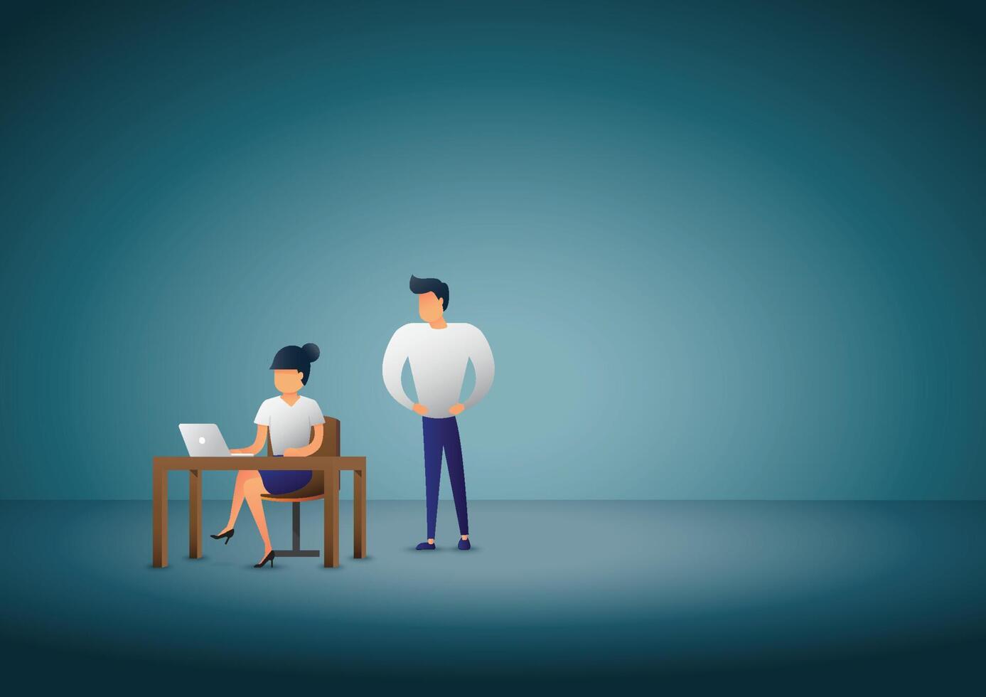 Business teamwork vector concept with man and woman looking at computer in the office. Technology, tablet, Achievement.