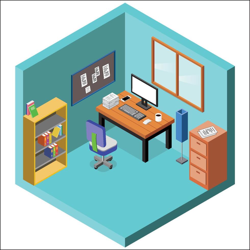 Isometric office interior A vector illustration of an office desk with PC and chair.