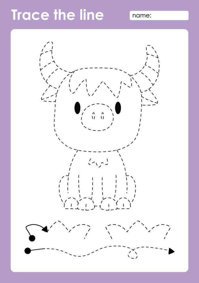 Trace the line and coloring with cute baby animal Yak vector