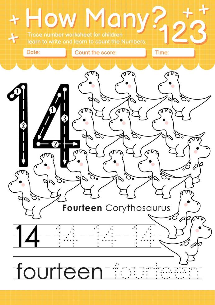 Numbers tracing template with the number fourteen vector