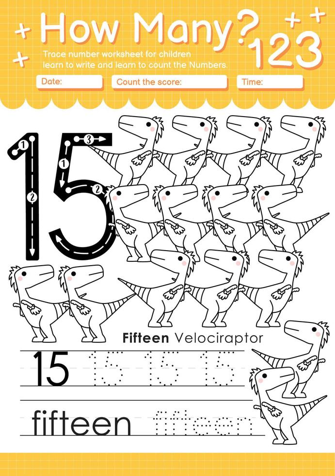Numbers tracing template with the number fifteen vector