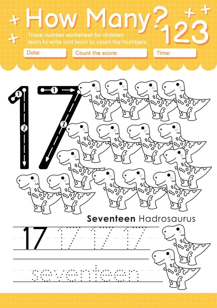 Numbers tracing template with the number seventeen vector