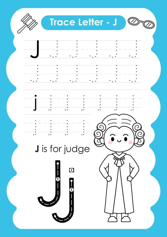 Alphabet Trace Letter A to Z preschool worksheet with the Letter J Judge vector