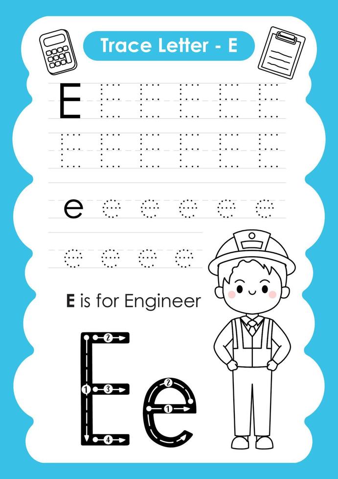 Alphabet Trace Letter A to Z preschool worksheet with the Letter E Engineer vector