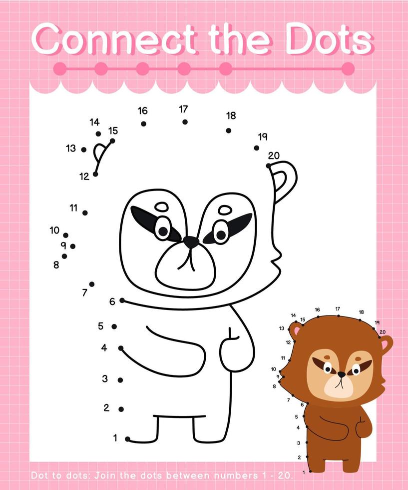 Connect the dots counting numbers 1 to 20 puzzle worksheet with cute Animals vector
