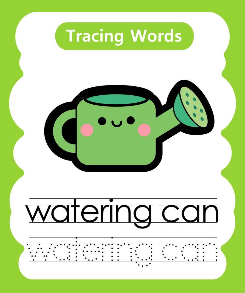 English tracing word worksheets with vocabulary watering can vector