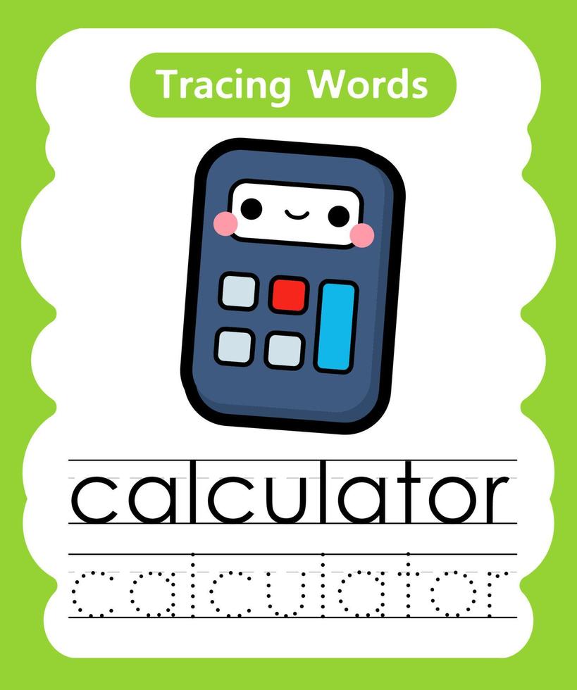 English tracing word worksheets with vocabulary calculator vector