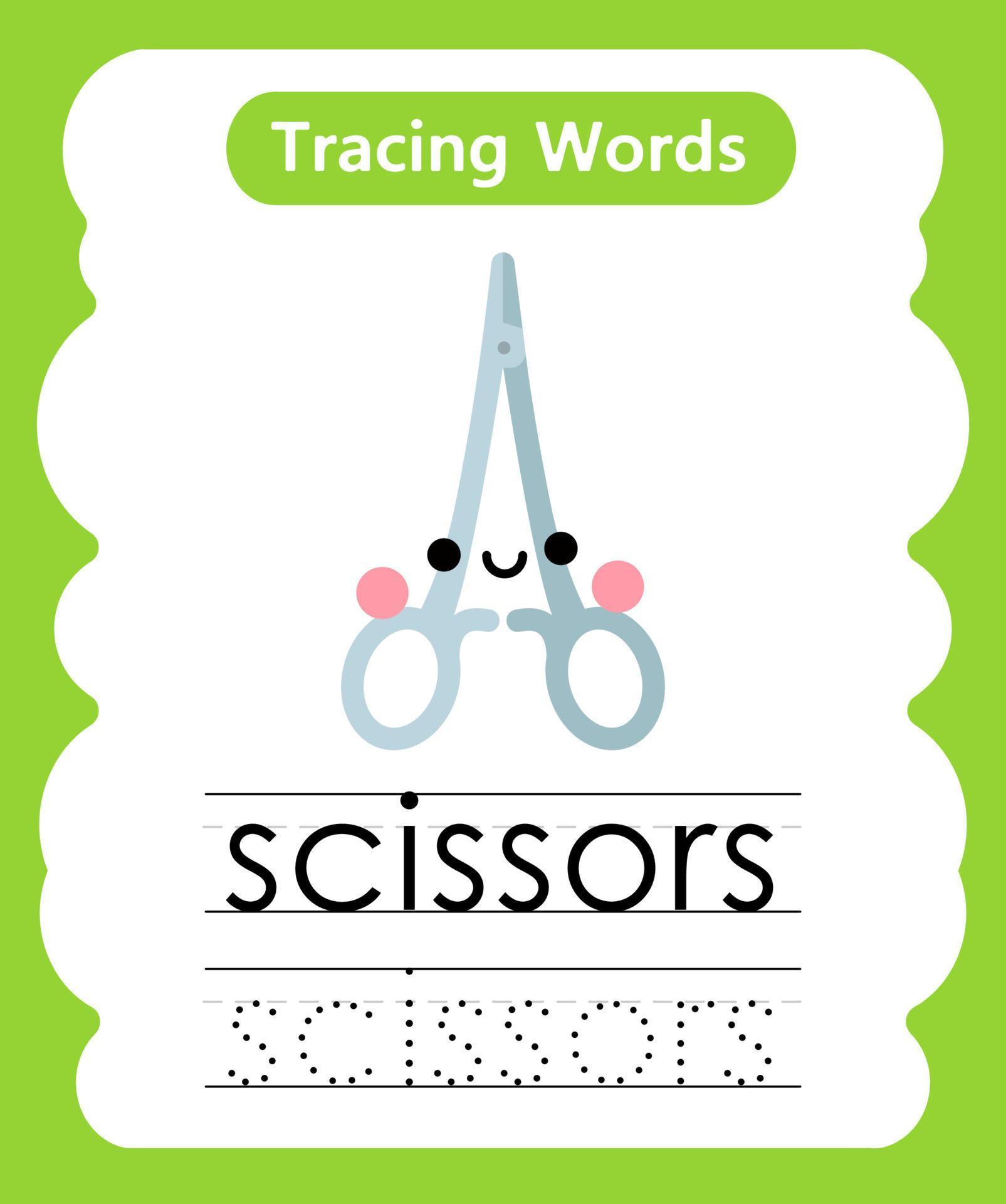 English tracing word worksheets with vocabulary scissors 6628624 Vector