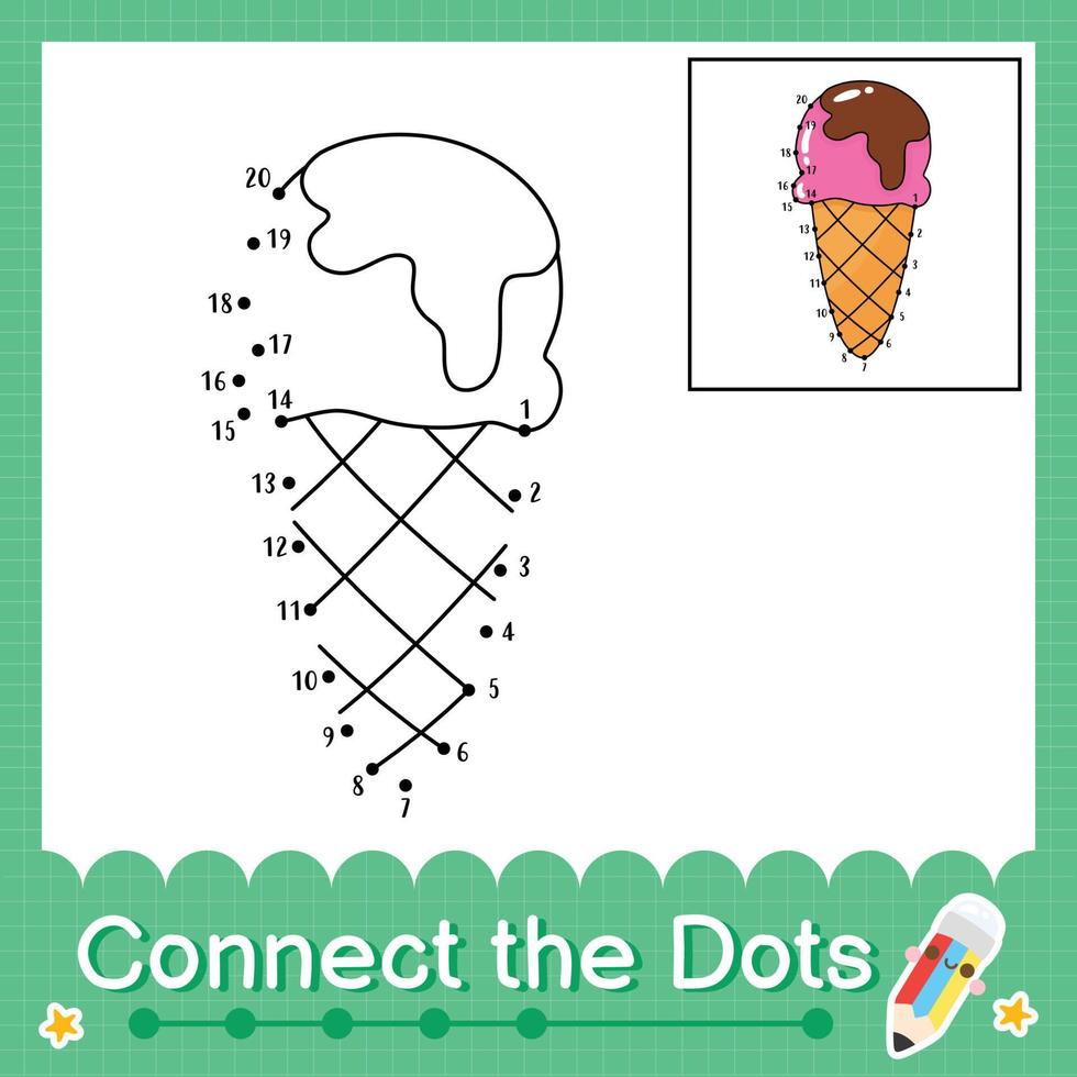 Connect the dots counting numbers 1 to 20 puzzle worksheet with icecream vector