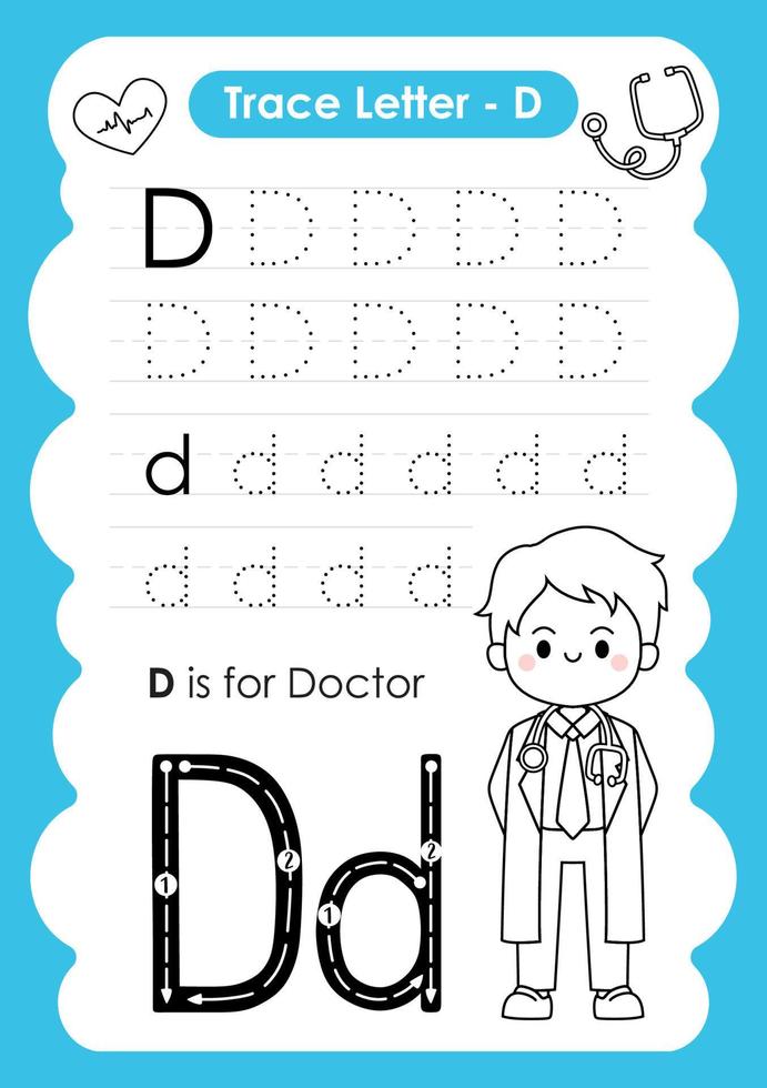 Alphabet Trace Letter A to Z preschool worksheet with the Letter D Doctor vector