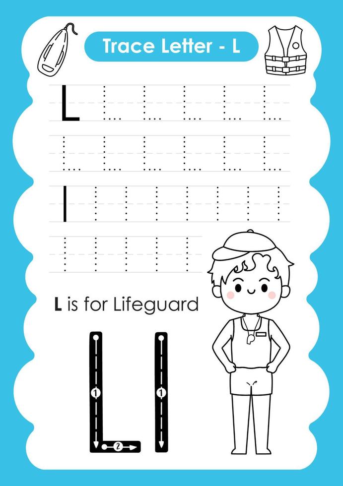 Alphabet Trace Letter A to Z preschool worksheet with the Letter L Lifeguard vector