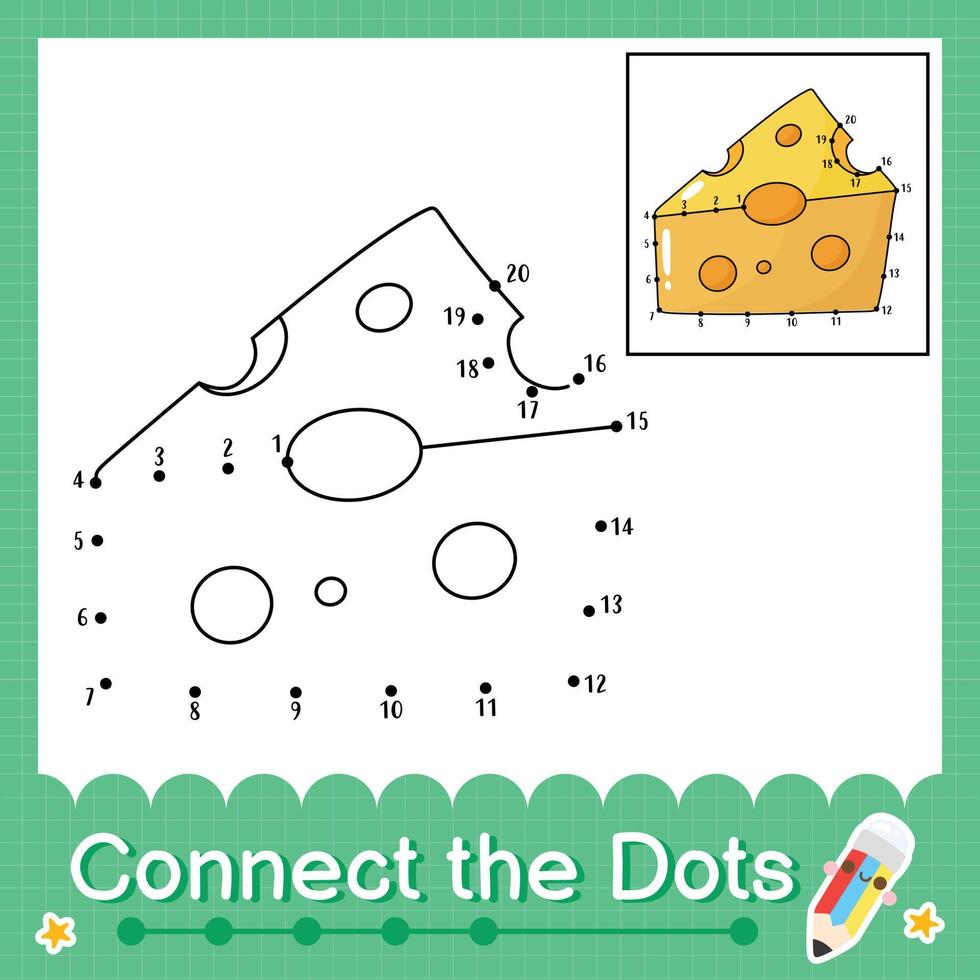 Connect the dots counting numbers 1 to 20 puzzle worksheet with cheese vector