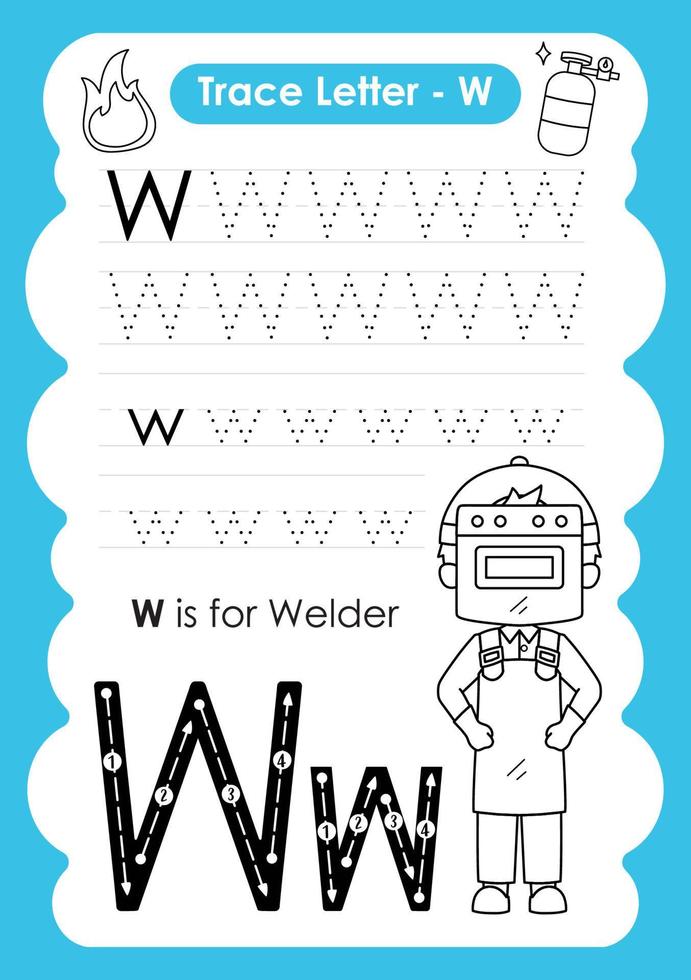 Alphabet Trace Letter A to Z preschool worksheet with the Letter W Welder vector