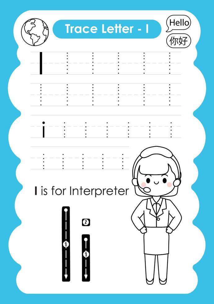 Alphabet Trace Letter A to Z preschool worksheet with the Letter I Interpreter vector