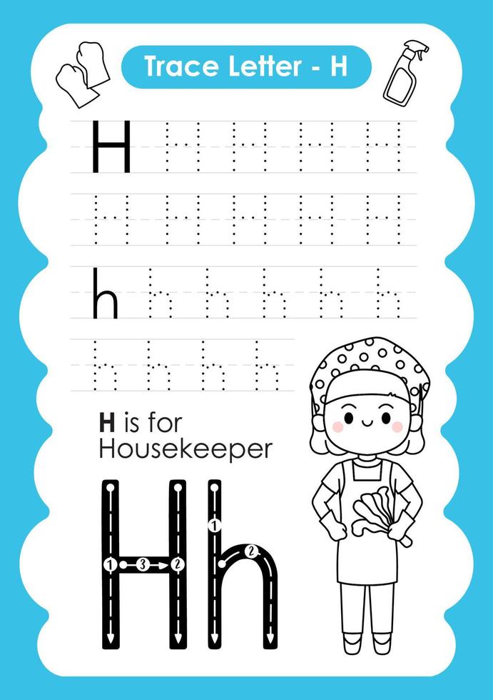 Alphabet Trace Letter A to Z preschool worksheet with the Letter H Housekeeper vector