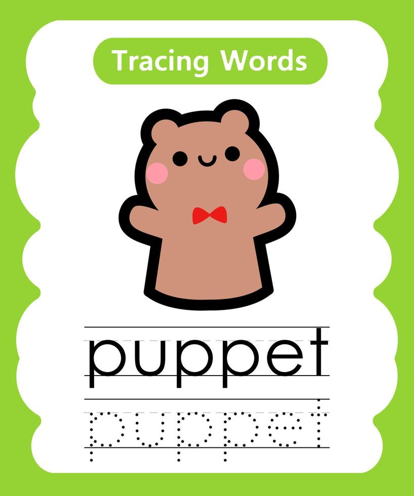 English tracing word worksheets with vocabulary puppet vector