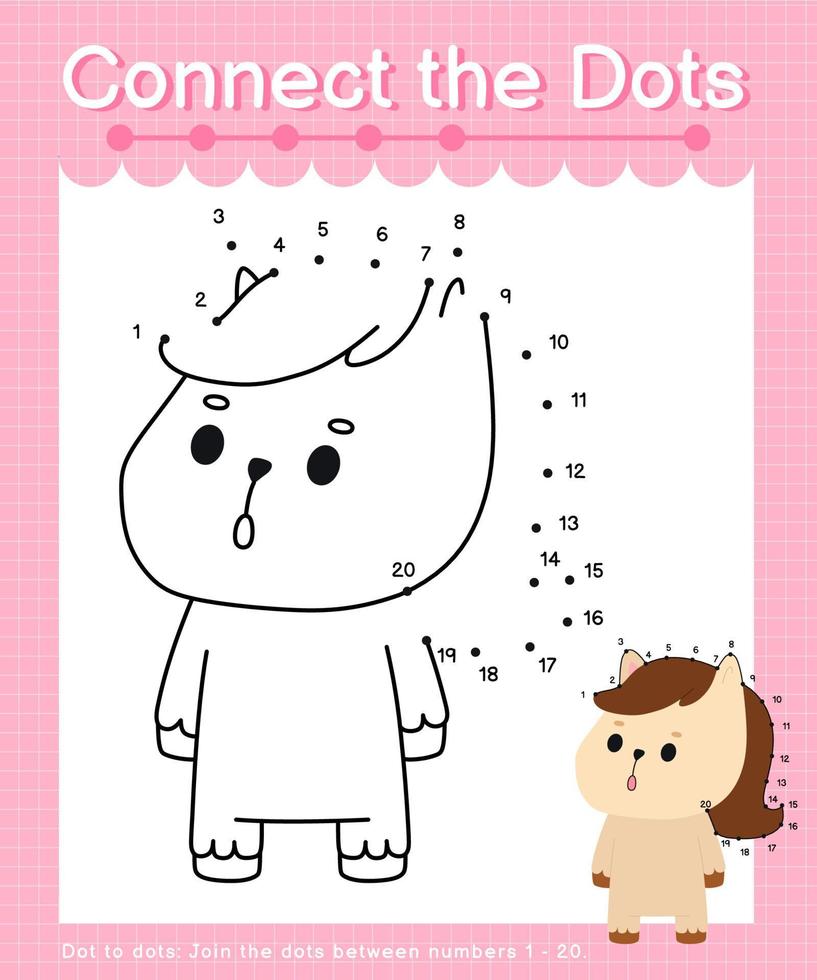 Connect the dots counting numbers 1 to 20 puzzle worksheet with cute Animals vector