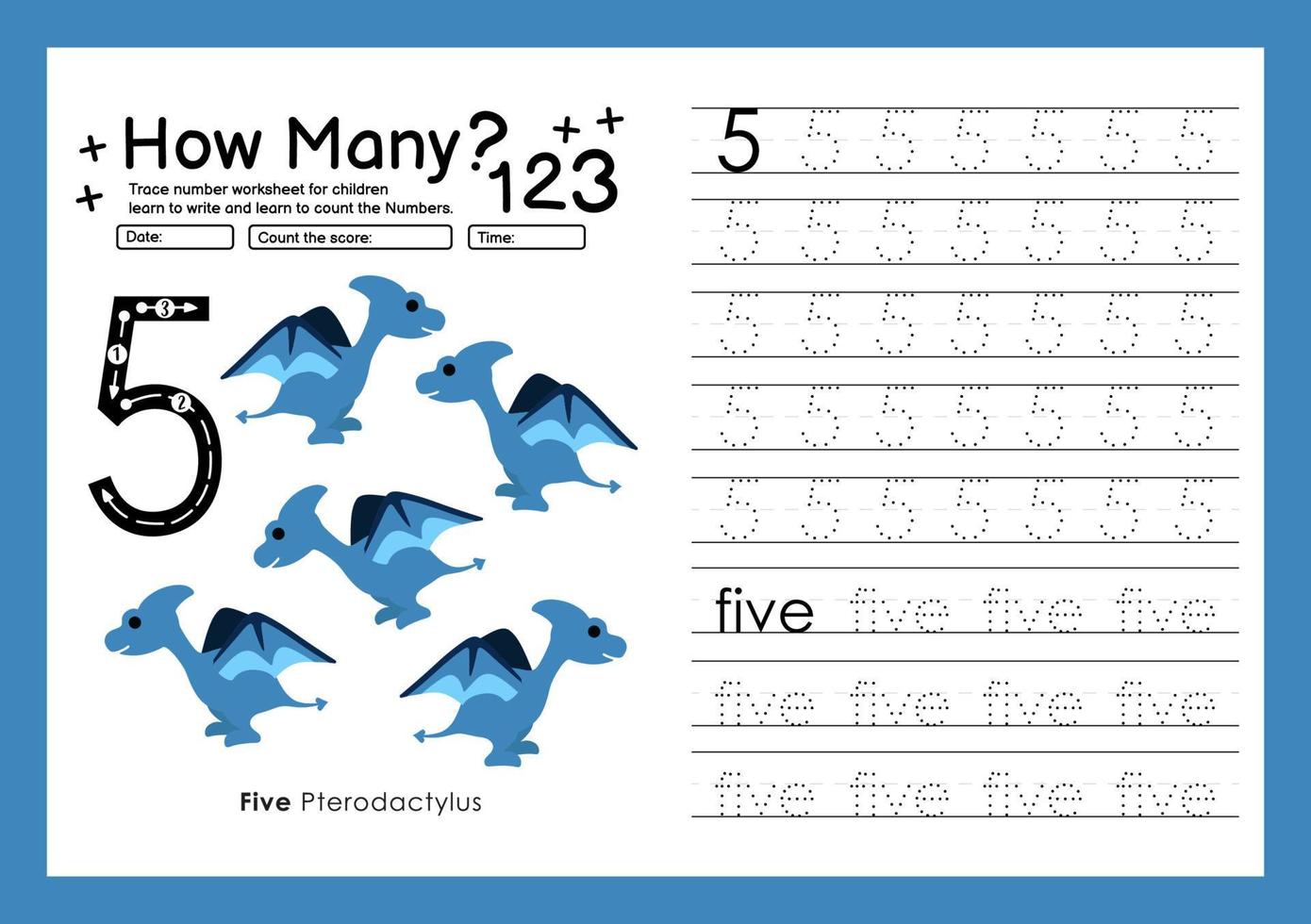 Numbers tracing template by counting Dinosaur with Number five vector