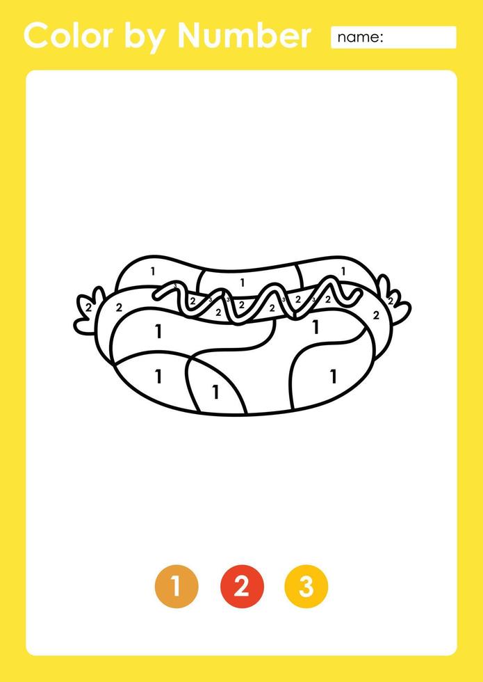 Color by number worksheet for kids learning numbers by coloring hotdog vector