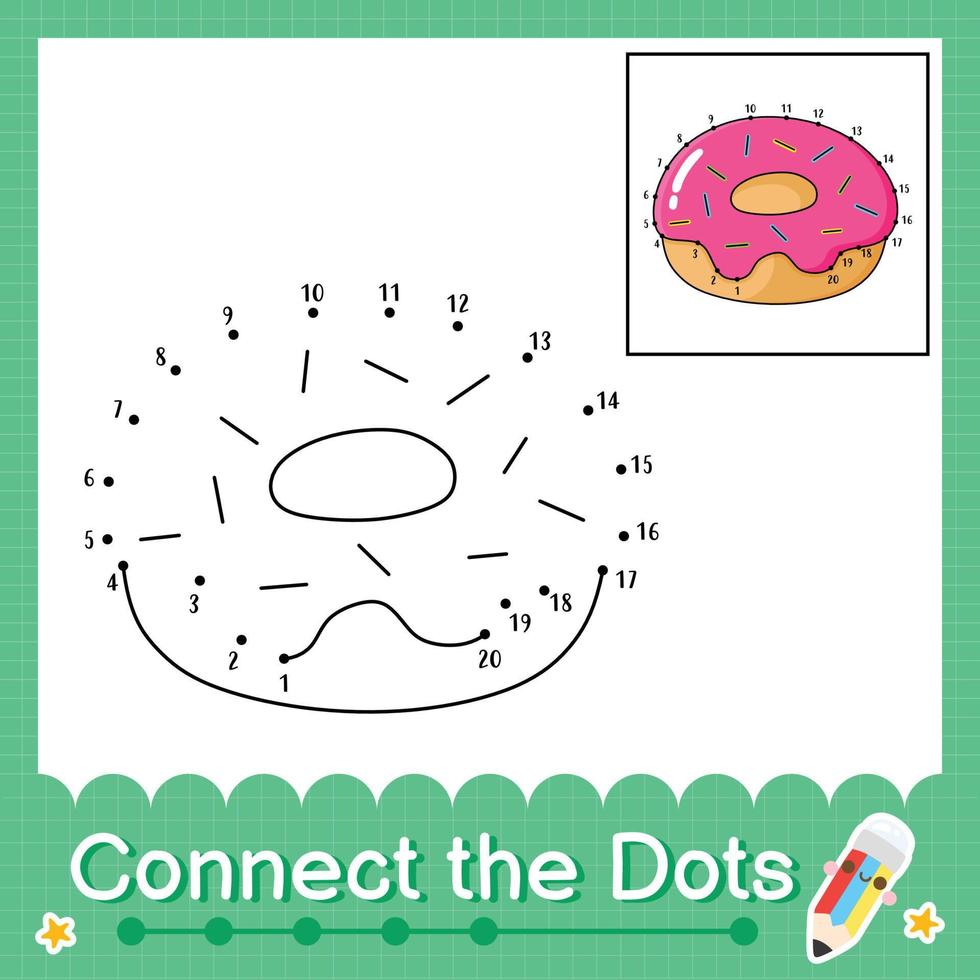 conecta los puntos contando los números del 1 al 20 hoja de trabajo de rompecabezas con donut vector