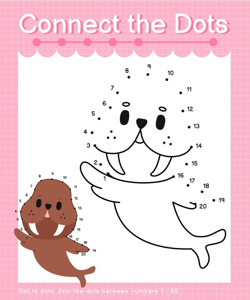 Connect the dots counting numbers 1 to 20 puzzle worksheet with cute Animals vector