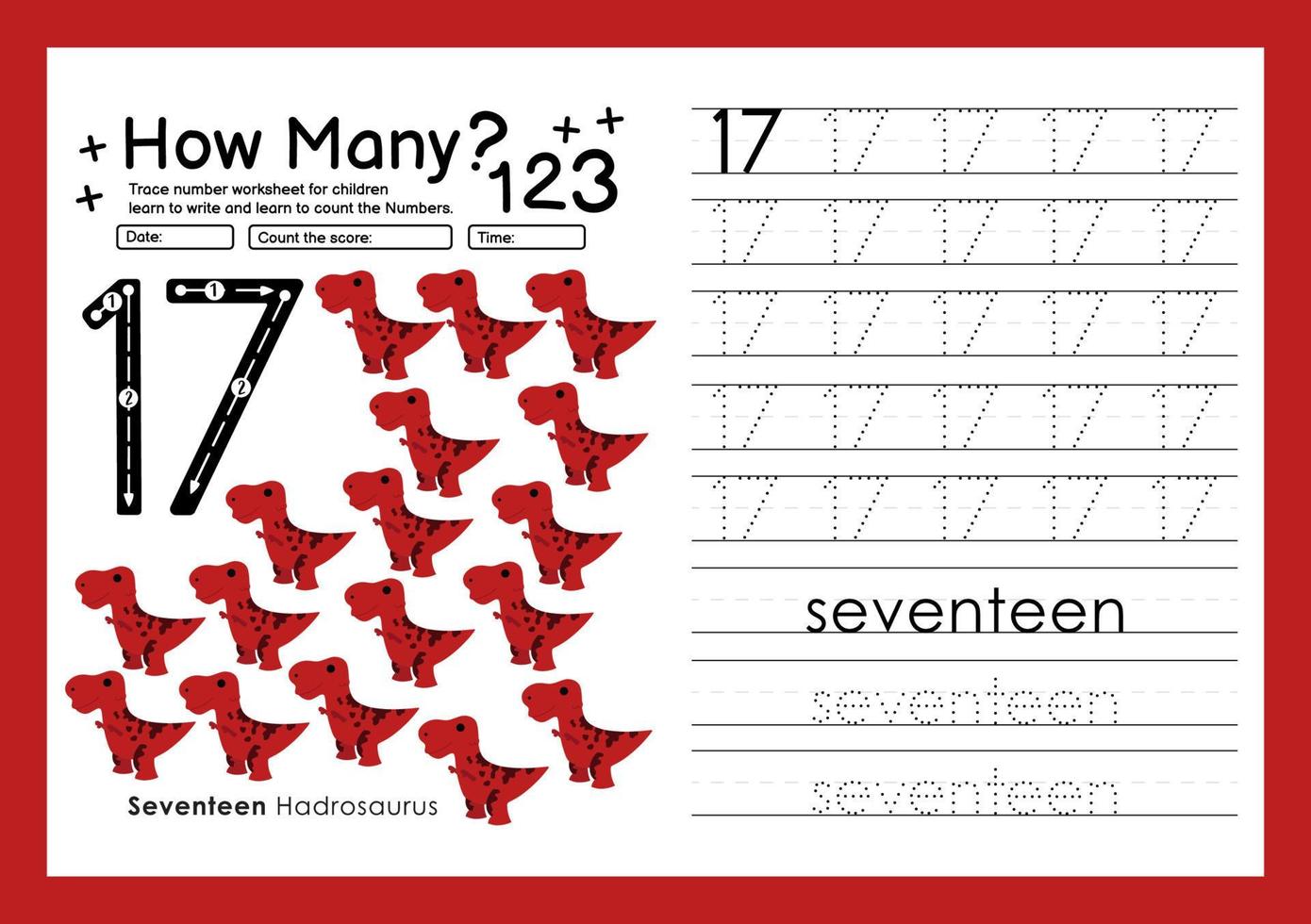 Numbers tracing template by counting Dinosaur with Number seventeen vector