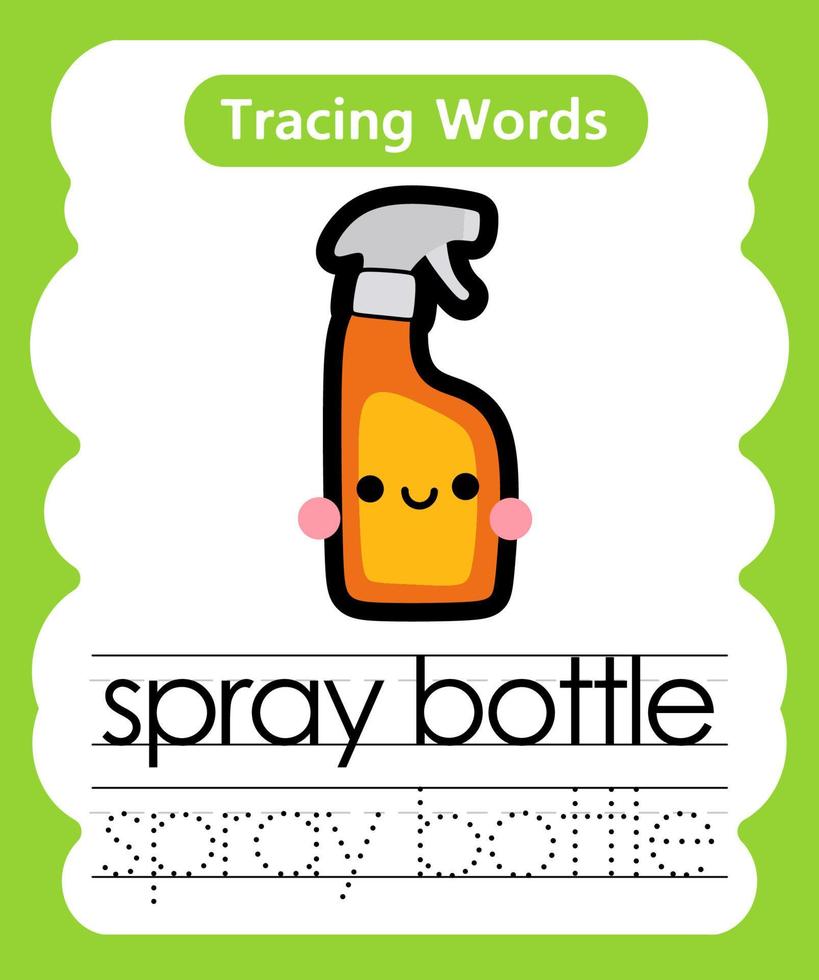 English tracing word worksheets with vocabulary spray bottle vector