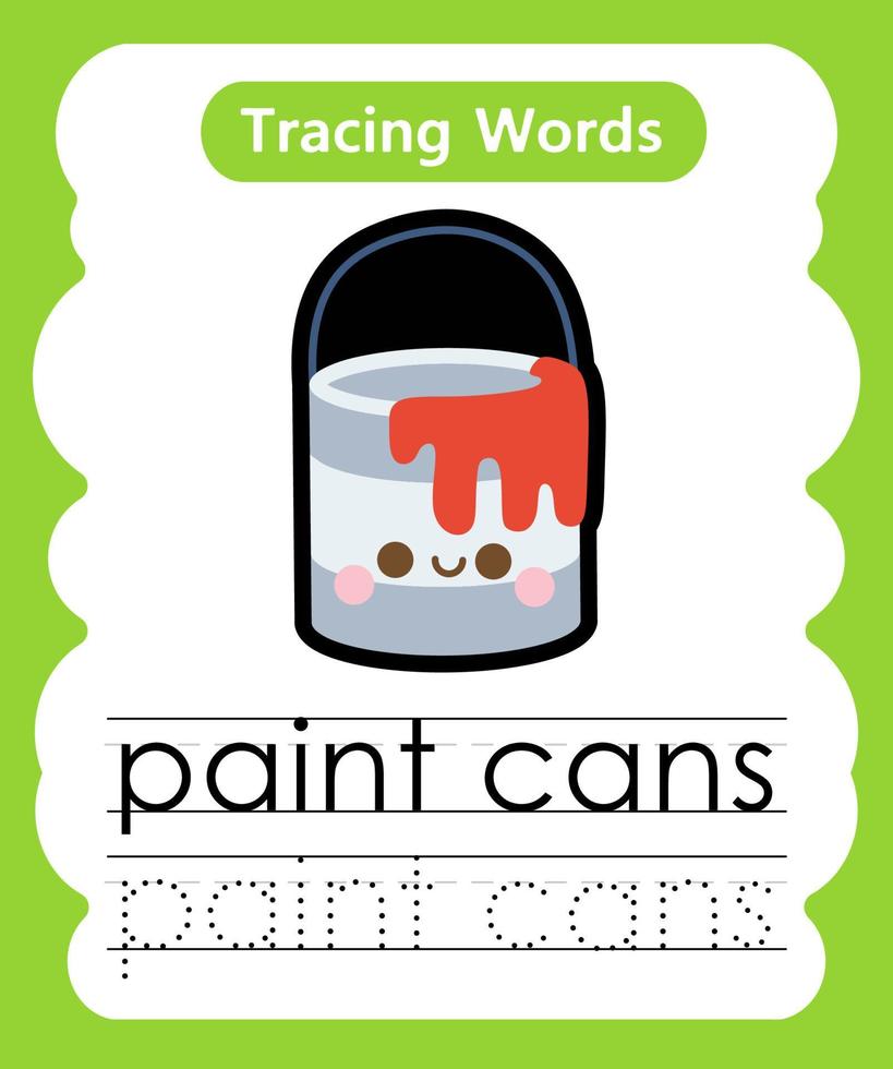 English tracing word worksheets with vocabulary paint can vector