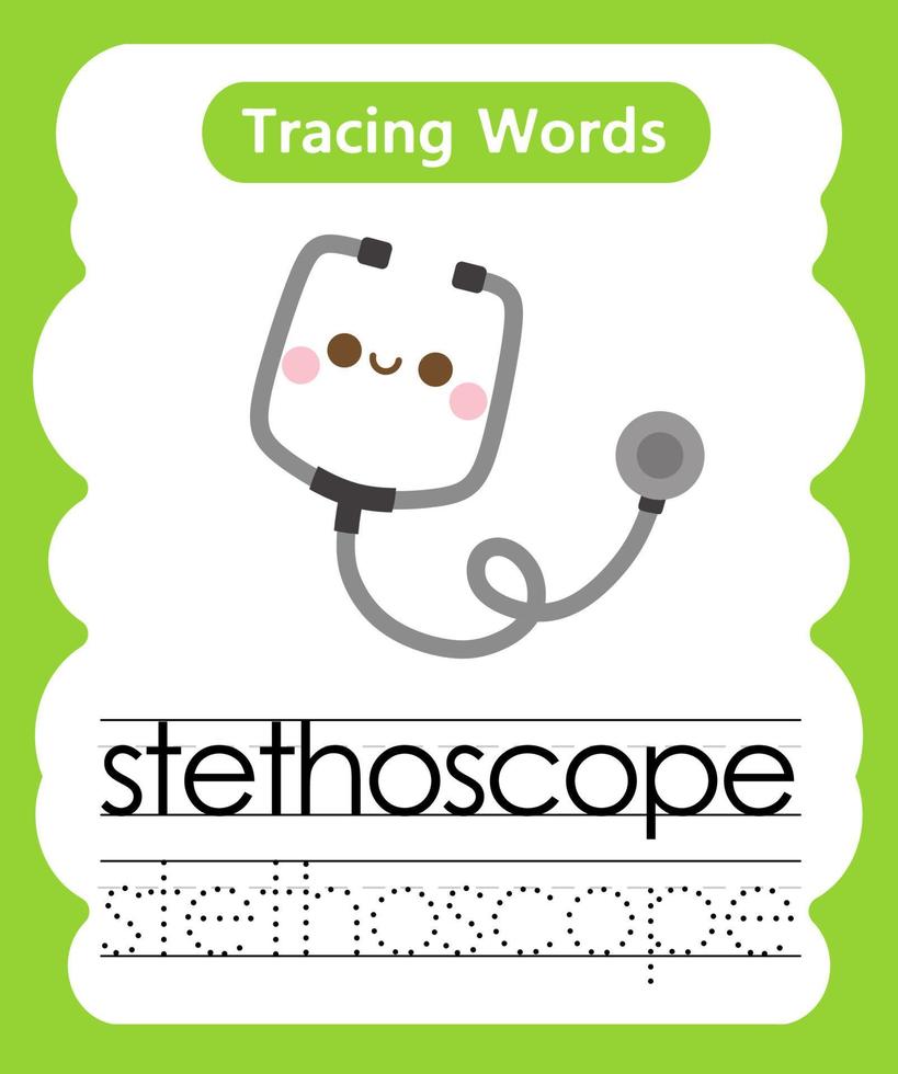 hojas de trabajo de rastreo de palabras en inglés con estetoscopio de vocabulario vector