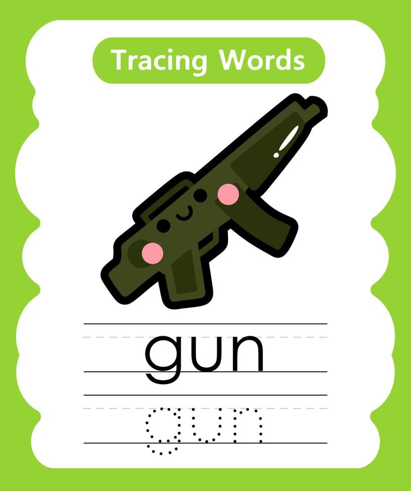 English tracing word worksheets with vocabulary gun vector
