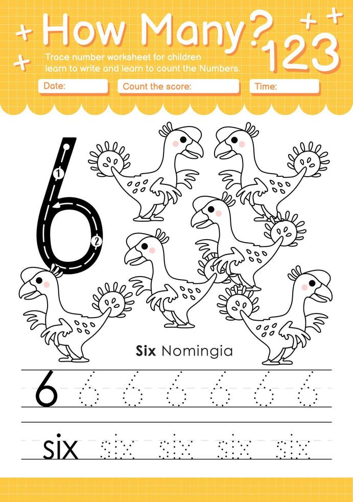 Numbers tracing template with the number six vector