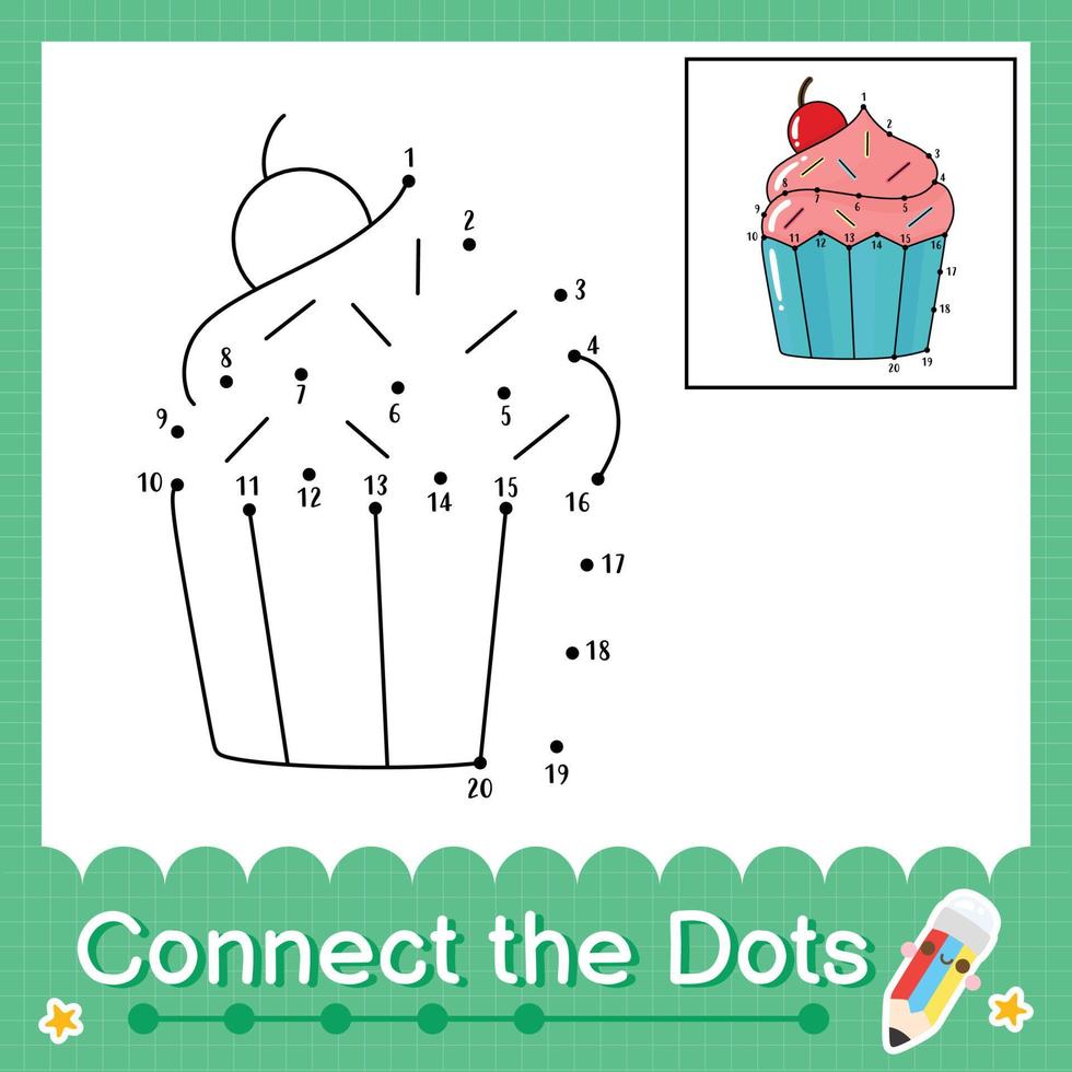 Connect the dots counting numbers 1 to 20 puzzle worksheet with cupcake vector