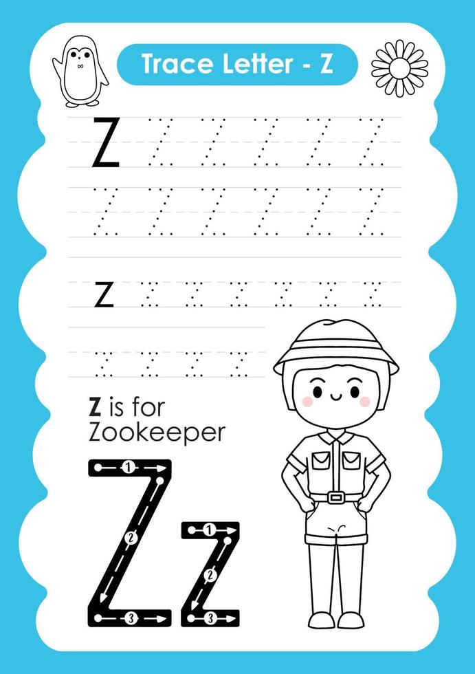 Alphabet Trace Letter A to Z preschool worksheet with the Letter Z Zookeeper vector