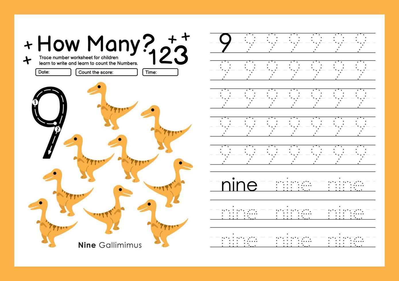 Numbers tracing template by counting Dinosaur with Number nine vector