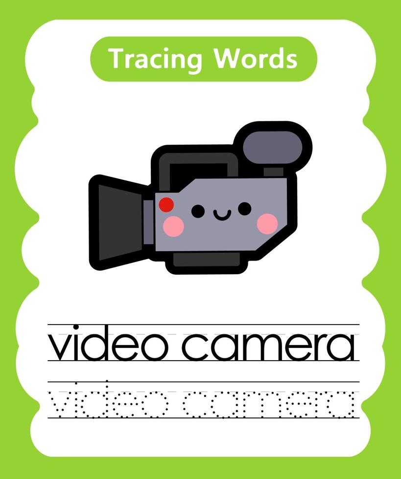 English tracing word worksheets with vocabulary video camera vector
