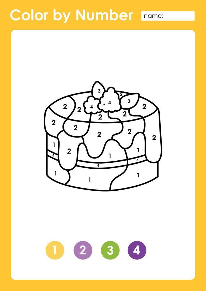 Color by number worksheet for kids learning numbers by coloring cake vector