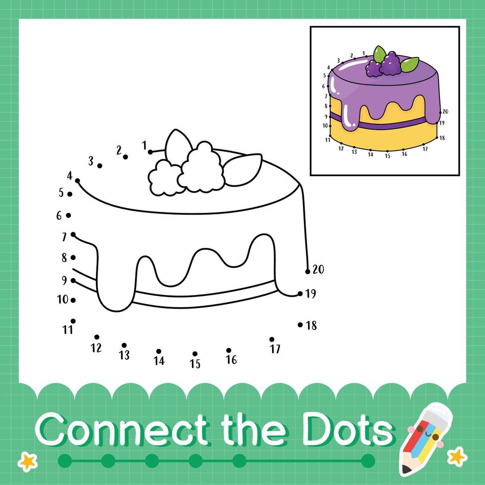 Connect the dots counting numbers 1 to 20 puzzle worksheet with cake vector